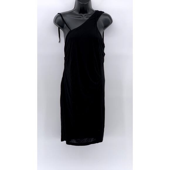 HELMUT LANG Women's Black Solid Asymmetrical Sleeves Side-Ruched Mini Dress SZ M - Picture 1 of 11